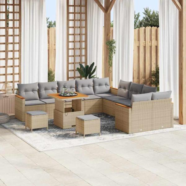 ARDEBO.de - 13-teiliges Garten-Sofa-Set mit Kissen Beige Poly-Rattan Akazie, 3-teiliges Garten-Esszimmer-Set mit Kissen Beige Poly-Rattan Akazie