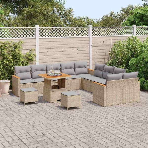 13-teiliges Garten-Sofa-Set mit Kissen Beige Poly-Rattan Akazie, 3-teiliges Garten-Esszimmer-Set mit Kissen Beige Poly-Rattan Akazie