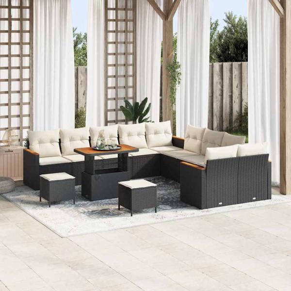 ARDEBO.de - 13-teiliges Garten Sofa Set mit Kissen Schwarz Poly Rattan Akazie, 3-teiliges Garten Essenset mit Kissen Schwarz Poly Rattan Akazie