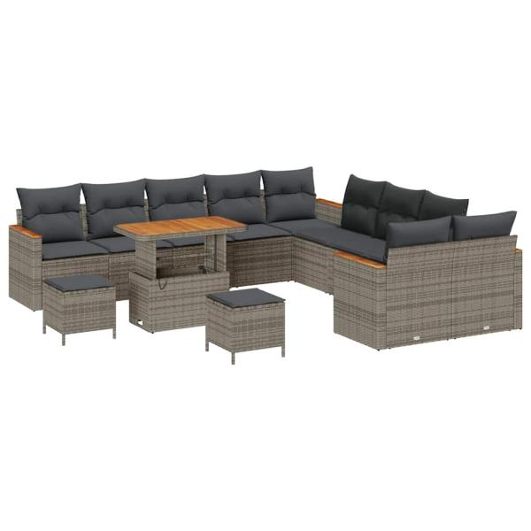 ARDEBO.de - 13-teiliges Garten-Sofa-Set mit Kissen Grau Poly Rattan Akazie, 3-teiliges Garten-Esszimmer-Set mit Kissen Grau Poly Rattan Akazie