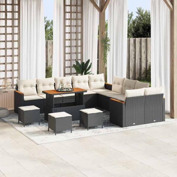 ARDEBO.de - 14-teiliges Garten-Sofa-Set mit Kissen Schwarz Poly Rattan Akazie, 4-teiliges Garten-Esszimmer-Set mit Kissen Schwarz Poly Rattan Akazie
