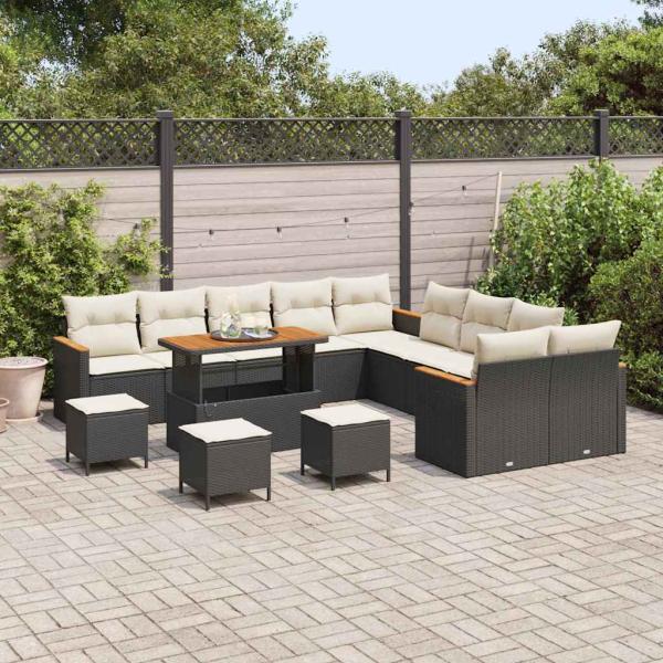 14-teiliges Garten-Sofa-Set mit Kissen Schwarz Poly Rattan Akazie, 4-teiliges Garten-Esszimmer-Set mit Kissen Schwarz Poly Rattan Akazie