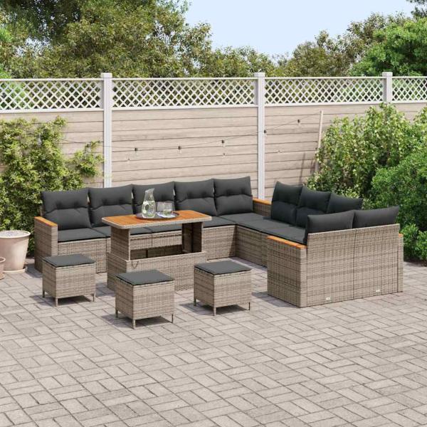 ARDEBO.de - 14-teiliges Garten Sofa Set mit Kissen Grau Poly Rattan Akazie, 4-teiliges Garten Esszimmer Set mit Kissen Grau Poly Rattan Akazie