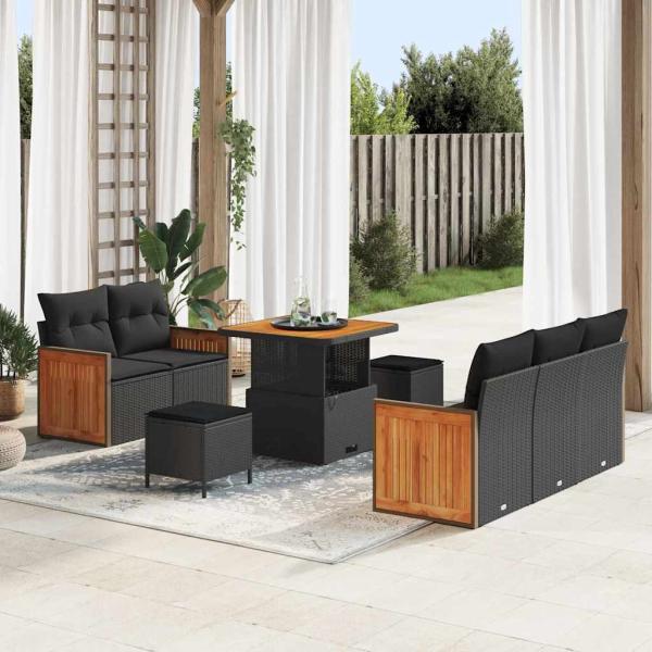 ARDEBO.de - 8-teiliges Garten Sofa Set mit Kissen Schwarz Poly Rattan Akazie, 3-teiliges Garten Ess Set mit Kissen Schwarz Poly Rattan Akazie