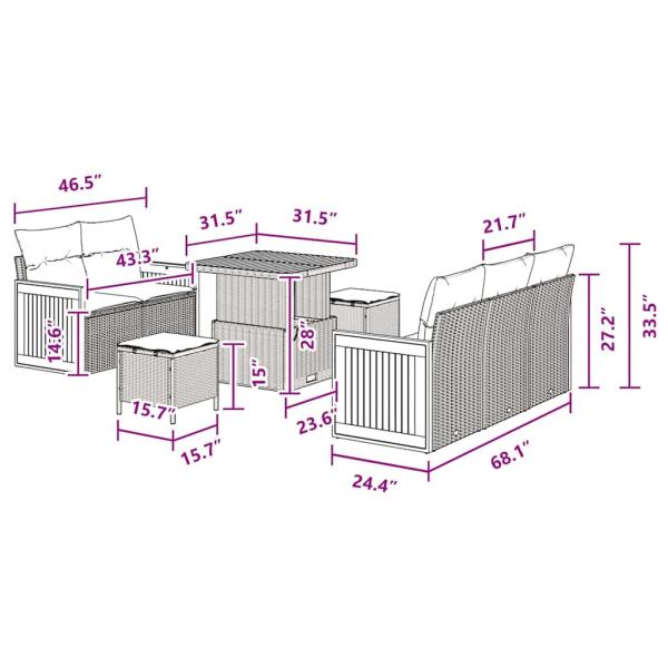 8-teiliges Garten Sofa Set mit Kissen Schwarz Poly Rattan Akazie, 3-teiliges Garten Ess Set mit Kissen Schwarz Poly Rattan Akazie