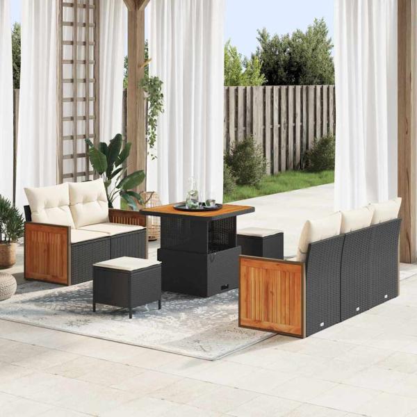 ARDEBO.de - 8-teiliges Garten Sofa Set mit Kissen Schwarz Poly Rattan Akazie, 3-teiliges Garten Essensemble mit Kissen Schwarz Poly Rattan Akazie
