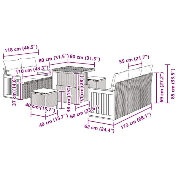 8-teiliges Garten Sofa Set mit Kissen Schwarz Poly Rattan Akazie, 3-teiliges Garten Essensemble mit Kissen Schwarz Poly Rattan Akazie