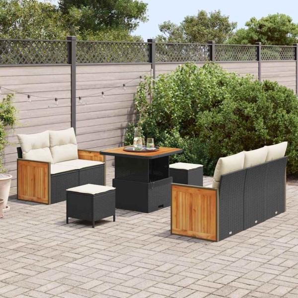 8-teiliges Garten Sofa Set mit Kissen Schwarz Poly Rattan Akazie, 3-teiliges Garten Essensemble mit Kissen Schwarz Poly Rattan Akazie