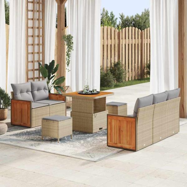 ARDEBO.de - 8-teiliges Garten Sofaset mit Kissen Beige Poly-Rattan Akazie, 3-teiliges Garten Essset mit Kissen Beige Poly-Rattan Akazie