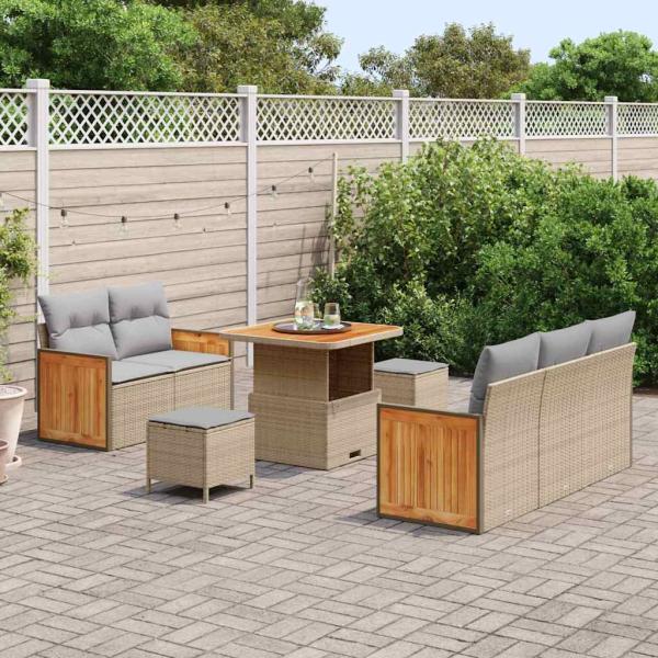 8-teiliges Garten Sofaset mit Kissen Beige Poly-Rattan Akazie, 3-teiliges Garten Essset mit Kissen Beige Poly-Rattan Akazie