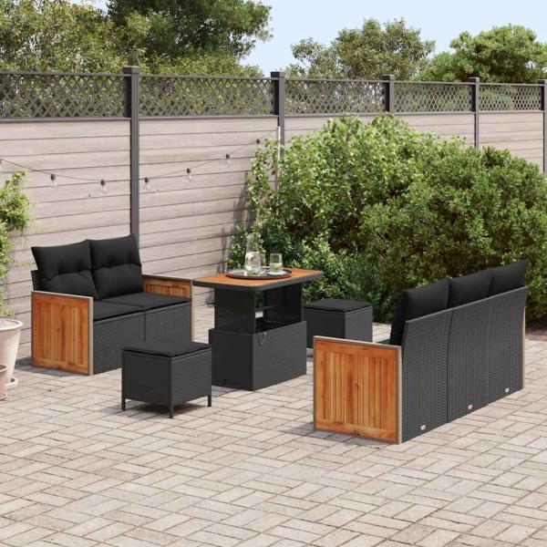 8-teiliges Garten Sofa Set mit Kissen Schwarz Poly Rattan Akazie, 3-teiliges Garten Essset mit Kissen Schwarz Poly Rattan Akazie