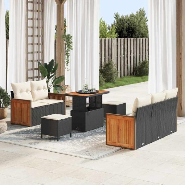ARDEBO.de - 8-teiliges Garten Sofa Set mit Kissen Schwarz Poly-Rattan Akazie, 3-teiliges Garten Essset mit Kissen Schwarz Poly-Rattan Akazie