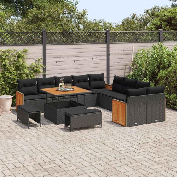 13-teiliges Garten-Sofa-Set mit Kissen Schwarz Poly Rattan Akazie, 3-teiliges Garten-Ess-Set mit Kissen Schwarz Poly Rattan Akazie