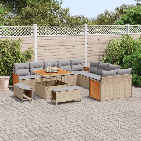 13-teiliges Garten Sofaset mit Kissen Beige Poly-Rattan Akazie, 3-teiliges Garten Essset mit Kissen Beige Poly-Rattan Akazie