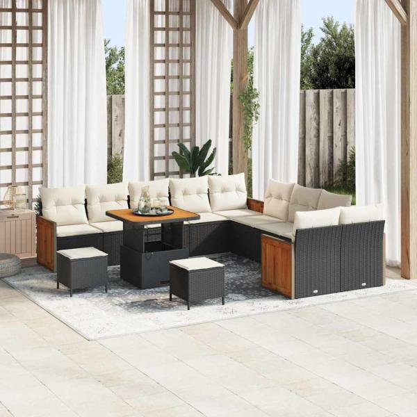 ARDEBO.de - 13-teilige Garten-Sofa-Set mit Kissen Schwarz Poly-Rattan Akazie, 3-teiliges Garten-Essbereich-Set mit Kissen Schwarz Poly-Rattan Akazie