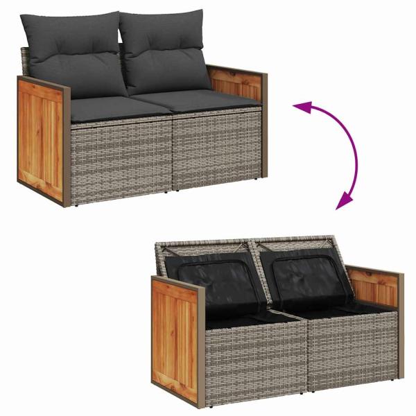 13-teiliges Garten Sofa Set mit Kissen Grau Poly Rattan Akazie, 3-teiliges Garten Esstisch Set mit Kissen Grau Poly Rattan Akazie