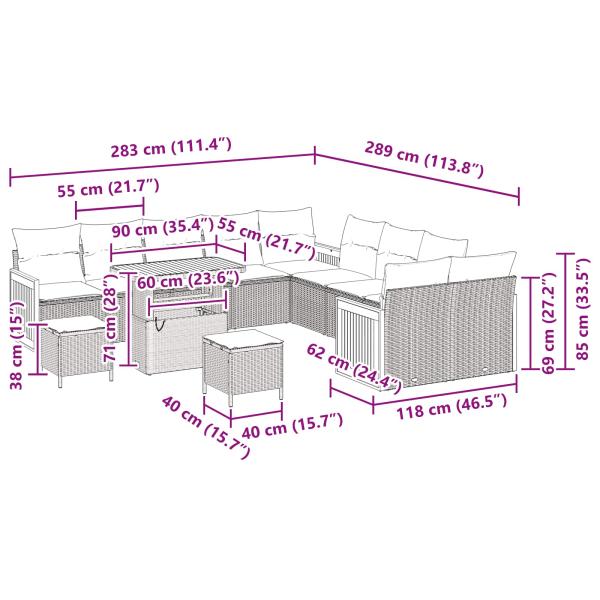 13-teilige Garten Sofa Set mit Kissen Schwarz Poly Rattan Akazie, 3-teilige Garten Essgruppe mit Kissen Schwarz Poly Rattan Akazie