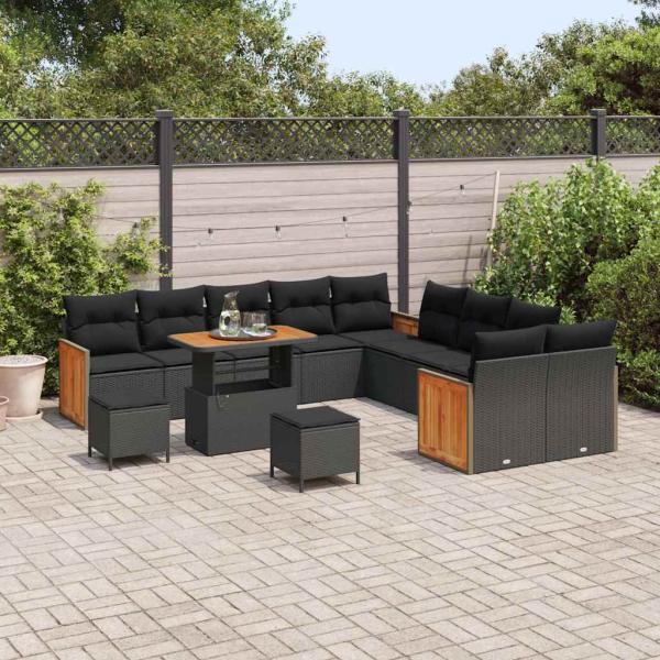 13-teilige Garten Sofa Set mit Kissen Schwarz Poly Rattan Akazie, 3-teilige Garten Essgruppe mit Kissen Schwarz Poly Rattan Akazie