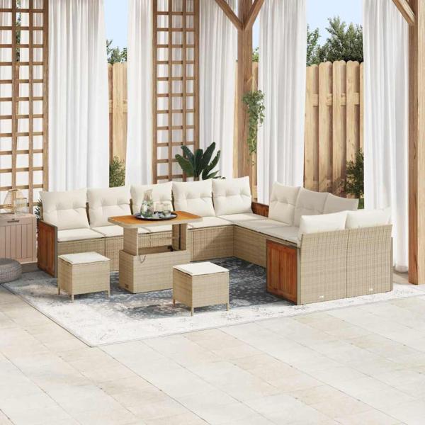 ARDEBO.de - 13-teilige Garten Sofa Set mit Kissen Beige Poly Rattan Akazie, 3-teiliges Garten Essset mit Kissen Beige Poly Rattan Akazie