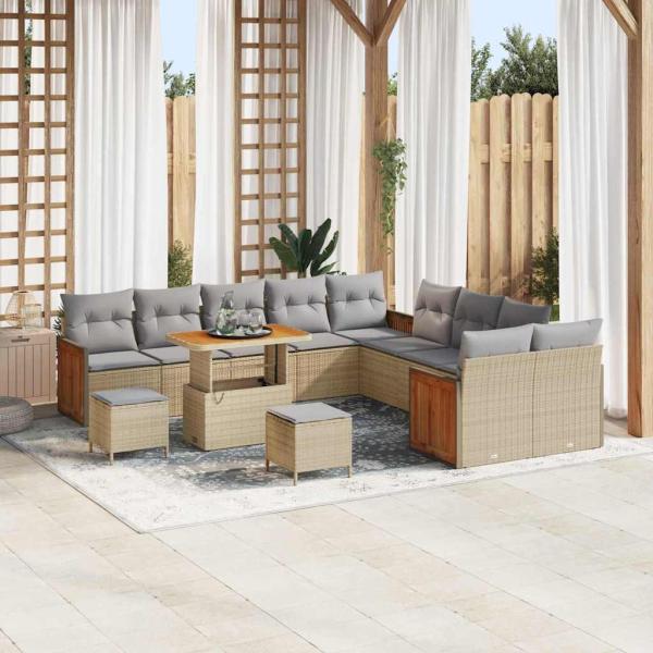 ARDEBO.de - 13-teilige Garten-Sofa-Set mit Kissen Beige Poly-Rattan Akazie, 3-teiliges Garten-Esszimmer-Set mit Kissen Beige Poly-Rattan Akazie