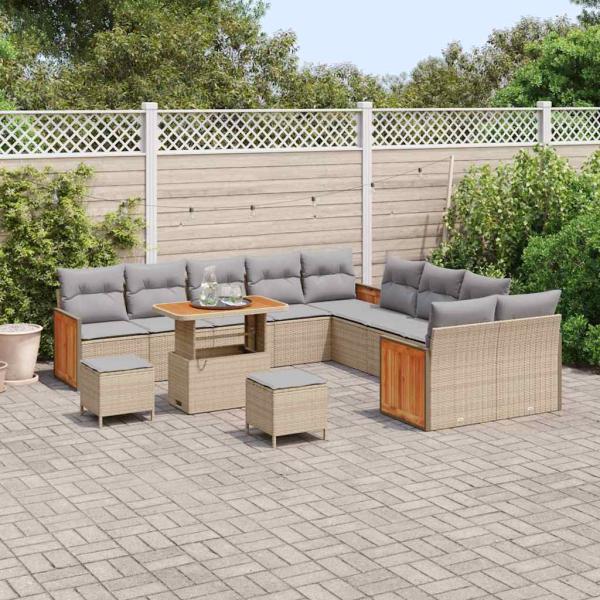 13-teilige Garten-Sofa-Set mit Kissen Beige Poly-Rattan Akazie, 3-teiliges Garten-Esszimmer-Set mit Kissen Beige Poly-Rattan Akazie