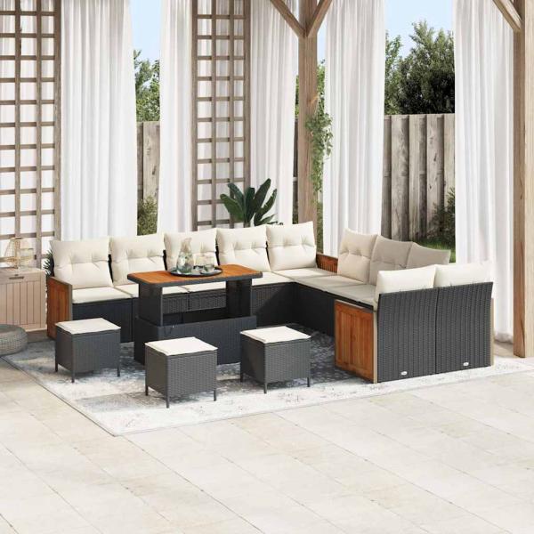 ARDEBO.de - 14-teiliges Garten-Sofa-Set mit Kissen Schwarz Poly-Rattan Akazie, 4-teiliges Garten-Ess-Set mit Kissen Schwarz Poly-Rattan Akazie