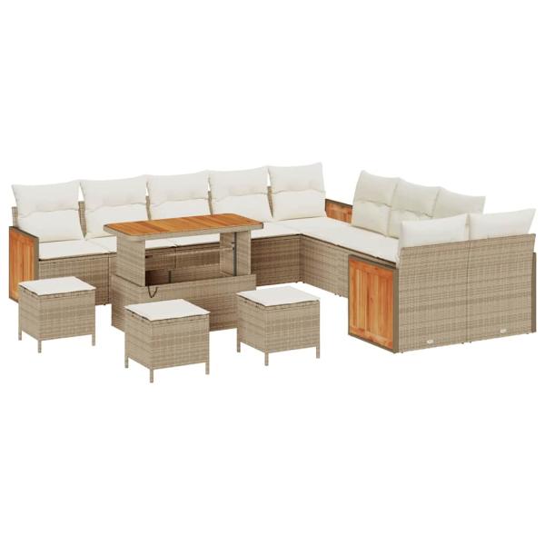 14-teilige Garten Sofa Set mit Kissen Beige Poly Rattan Akazie, 4-teiliges Garten Dining Set mit Kissen Beige Poly Rattan Akazie