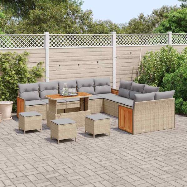 14-teilige Garten-Sofaset mit Kissen Beige Poly Rattan Akazie, 4-teiliges Garten-Ess-Set mit Kissen Beige Poly Rattan Akazie