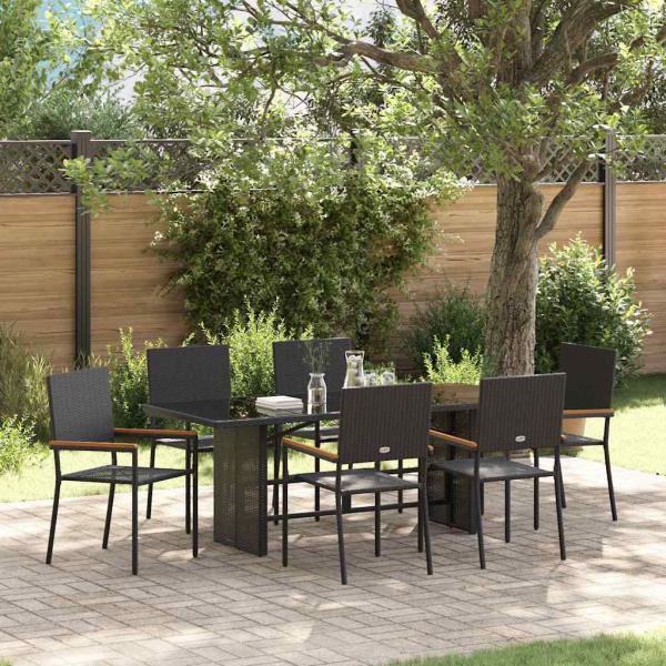 ARDEBO.de - 7-teiliges Garten-Ess-Set Schwarzes Poly-Rattan, Stapelbare Gartenstühle mit Kissen - 2er Set in Schwarzem Poly-Rattan