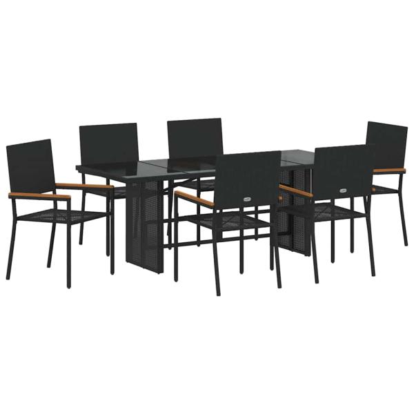 7-teiliges Garten-Ess-Set Schwarzes Poly-Rattan, Stapelbare Gartenstühle mit Kissen - 2er Set in Schwarzem Poly-Rattan