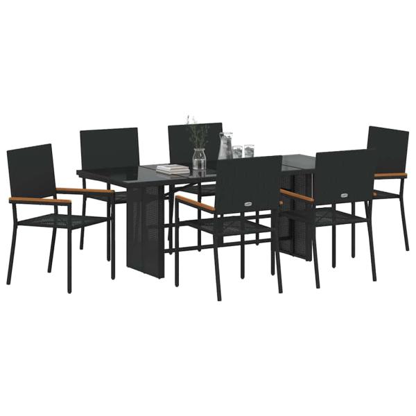 7-teiliges Garten-Ess-Set Schwarzes Poly-Rattan, Stapelbare Gartenstühle mit Kissen - 2er Set in Schwarzem Poly-Rattan