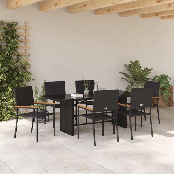7-teiliges Garten-Ess-Set Schwarzes Poly-Rattan, Stapelbare Gartenstühle mit Kissen - 2er Set in Schwarzem Poly-Rattan