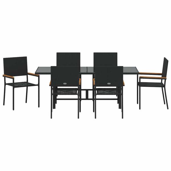 7-teiliges Garten-Ess-Set Schwarzes Poly-Rattan, Stapelbare Gartenstühle mit Kissen - 2er Set in Schwarzem Poly-Rattan