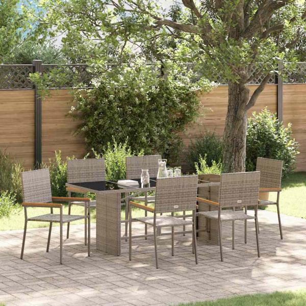 ARDEBO.de - 7-teiliges Garten Essset Grau Poly-Rattan, Stapelbare Gartenstühle mit Kissen 2 Stück Grau Poly-Rattan