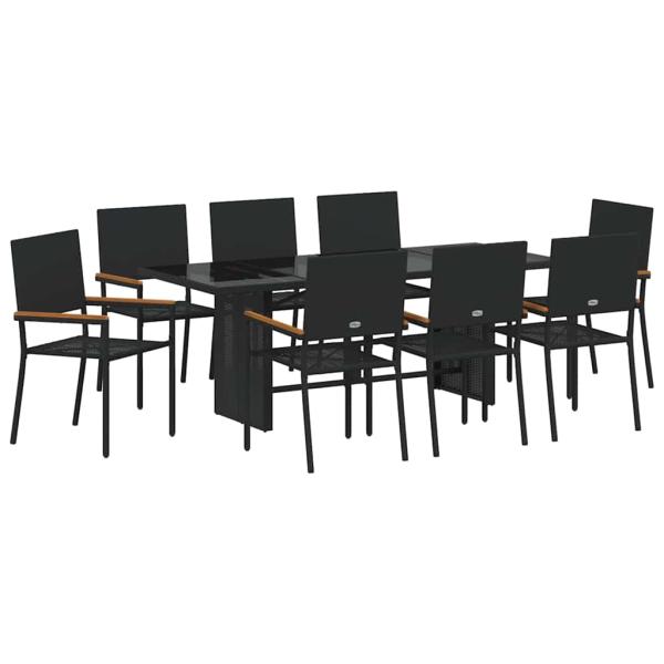 9-teiliges Garten Esstisch Set Schwarz Poly Rattan, Stapelbare Gartenstühle mit Kissen - 2-teiliges Set aus schwarzem Poly Rattan