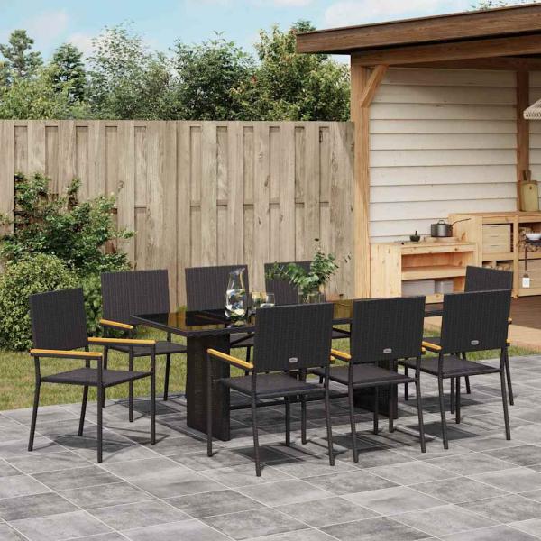 9-teiliges Garten Esstisch Set Schwarz Poly Rattan, Stapelbare Gartenstühle mit Kissen - 2-teiliges Set aus schwarzem Poly Rattan