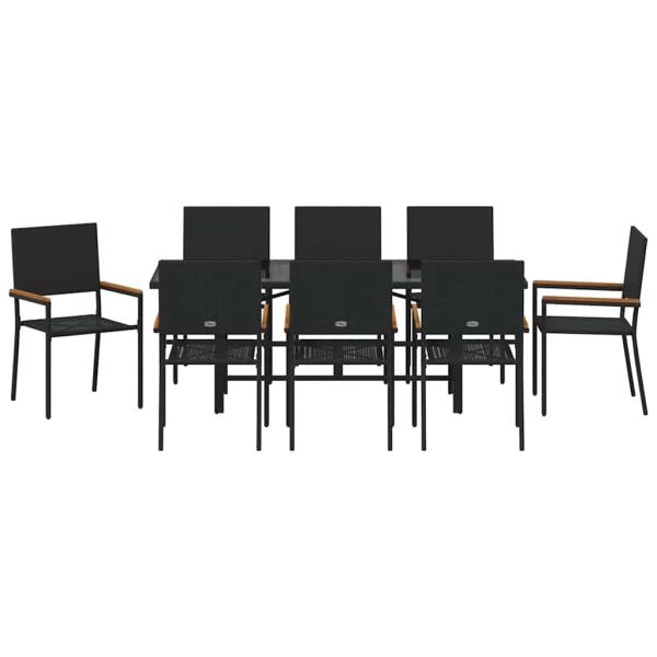 9-teiliges Garten Esstisch Set Schwarz Poly Rattan, Stapelbare Gartenstühle mit Kissen - 2-teiliges Set aus schwarzem Poly Rattan