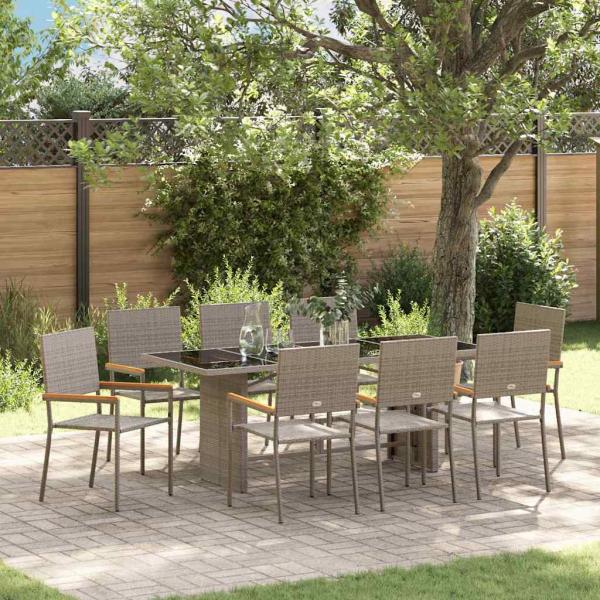 ARDEBO.de - 9-teiliges Garten-Esszimmer Set Grau Poly Rattan, Stapelbare Gartenstühle mit Kissen 2 Stück Grau Poly Rattan