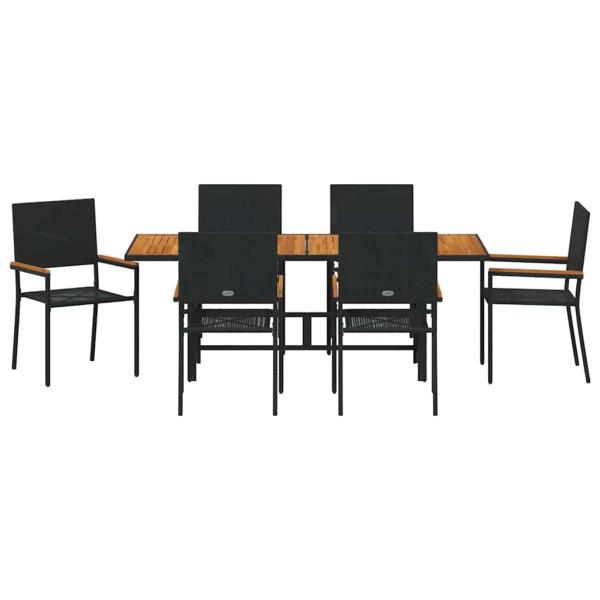 7-teiliges Garten Essgruppe Schwarz Poly-Rattan, Stapelbare Gartenstühle mit Kissen - 2-teiliges Set in Schwarz Poly-Rattan