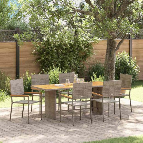 ARDEBO.de - 7-teiliges Garten Esstisch Set Grau Poly-Rattan, Stapelbare Gartenstühle mit Kissen 2 Stück Grau Poly-Rattan
