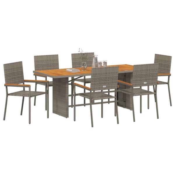7-teiliges Garten Esstisch Set Grau Poly-Rattan, Stapelbare Gartenstühle mit Kissen 2 Stück Grau Poly-Rattan