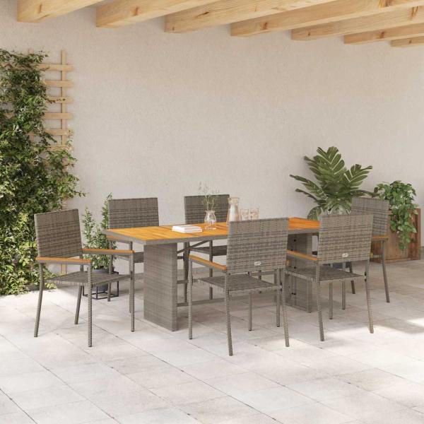 7-teiliges Garten Esstisch Set Grau Poly-Rattan, Stapelbare Gartenstühle mit Kissen 2 Stück Grau Poly-Rattan