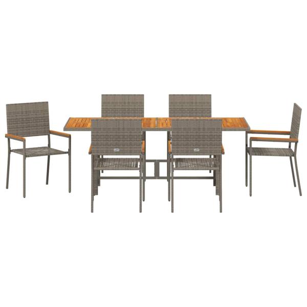 7-teiliges Garten Esstisch Set Grau Poly-Rattan, Stapelbare Gartenstühle mit Kissen 2 Stück Grau Poly-Rattan