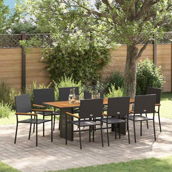 ARDEBO.de - 9-teilige Garten Essgruppe Schwarz Poly-Rattan, Stapelbare Gartenstühle mit Kissen - 2-teiliges Set aus schwarzem Poly-Rattan