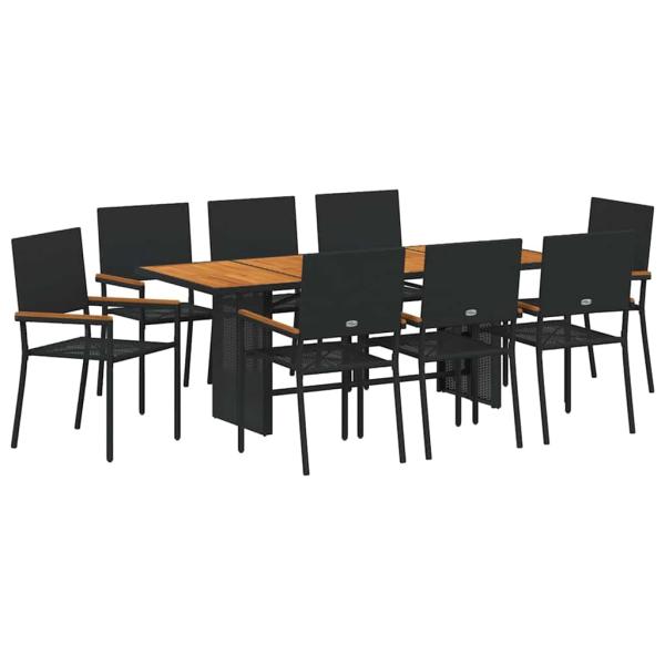 9-teilige Garten Essgruppe Schwarz Poly-Rattan, Stapelbare Gartenstühle mit Kissen - 2-teiliges Set aus schwarzem Poly-Rattan
