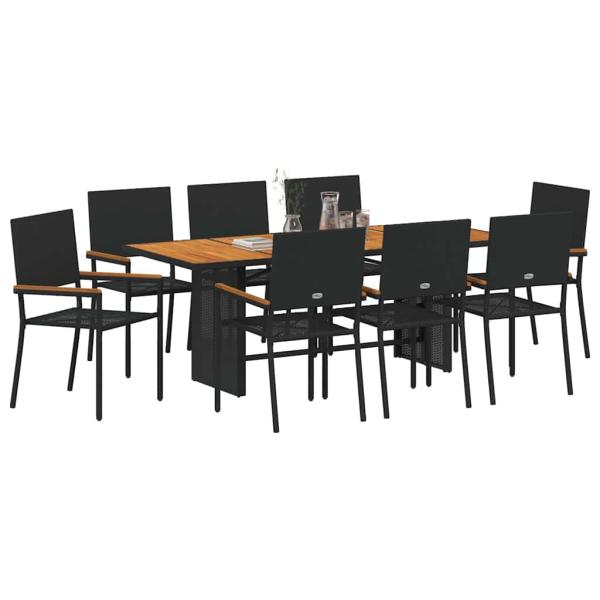 9-teilige Garten Essgruppe Schwarz Poly-Rattan, Stapelbare Gartenstühle mit Kissen - 2-teiliges Set aus schwarzem Poly-Rattan