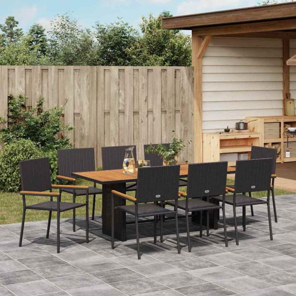 9-teilige Garten Essgruppe Schwarz Poly-Rattan, Stapelbare Gartenstühle mit Kissen - 2-teiliges Set aus schwarzem Poly-Rattan