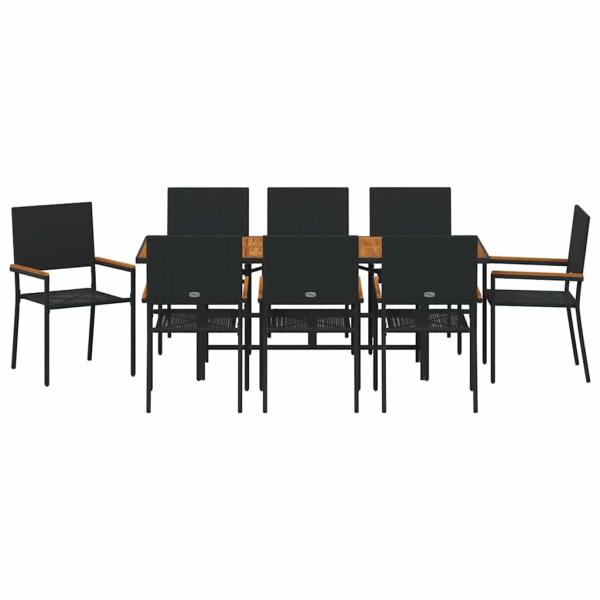 9-teilige Garten Essgruppe Schwarz Poly-Rattan, Stapelbare Gartenstühle mit Kissen - 2-teiliges Set aus schwarzem Poly-Rattan