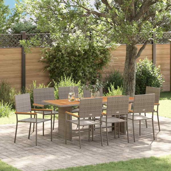 ARDEBO.de - 9-teiliges Garten Esstisch Set Grau Poly-Rattan, Stapelbare Gartenstühle mit Kissen 2er Set Grau Poly-Rattan