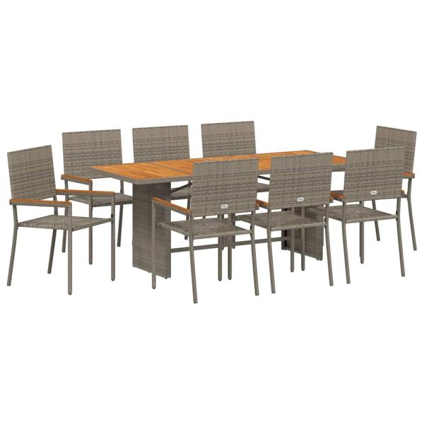 9-teiliges Garten Esstisch Set Grau Poly-Rattan, Stapelbare Gartenstühle mit Kissen 2er Set Grau Poly-Rattan